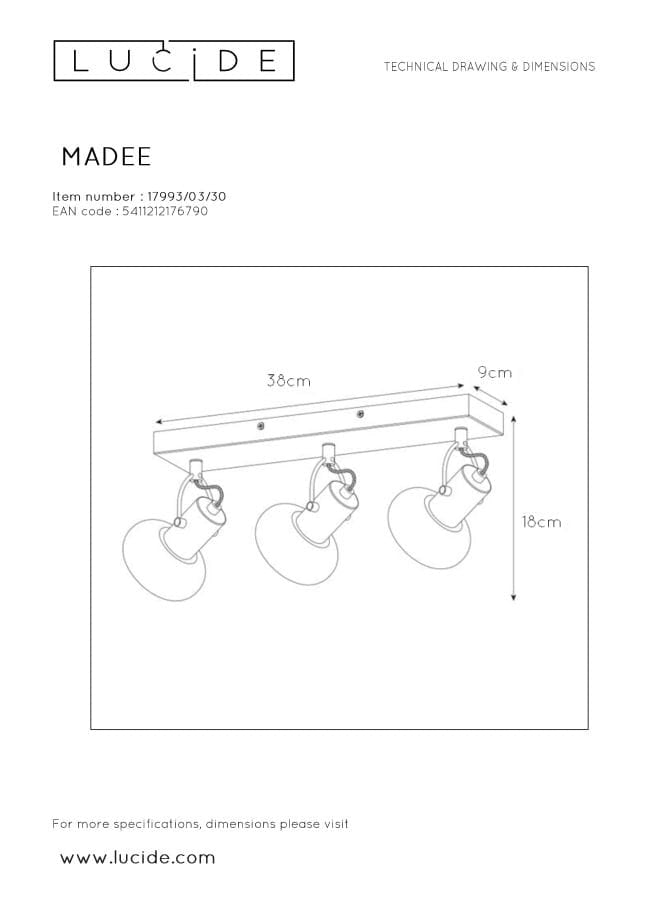 Plafoniera Lucide Madee 3 Luci E14 25W Fumé Nera Vetro