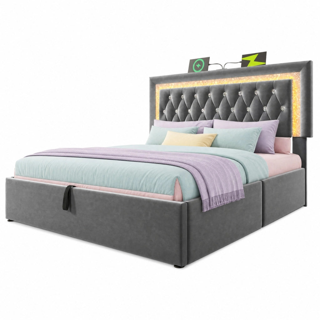 Letto imbottito 140x200 cm in velluto grigio con LED, ricarica USB e Type-C, contenitore idraulico e rete a doghe