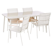 Set da pranzo da giardino a 4 posti con struttura in acciaio color beige chiaro, sedie in rete, piano in vetro temperato impilabile