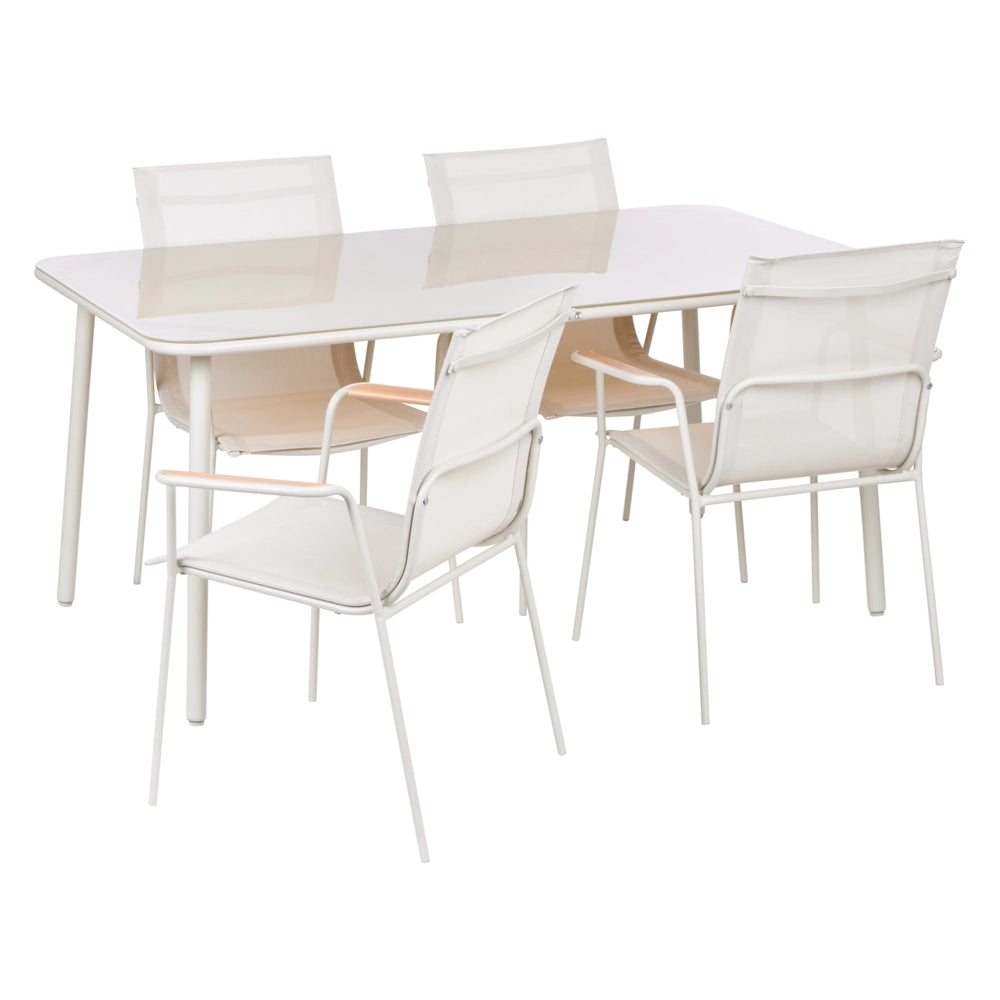 Set da pranzo da giardino a 4 posti con struttura in acciaio color beige chiaro, sedie in rete, piano in vetro temperato impilabile