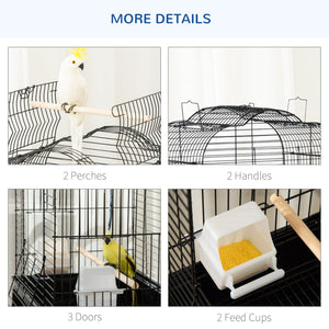 Gabbia per Uccelli con 3 Posatoi 2 Ciotole e 2 Porte Laterali 46x36x130 cm in Acciaio PP e Legno Nera