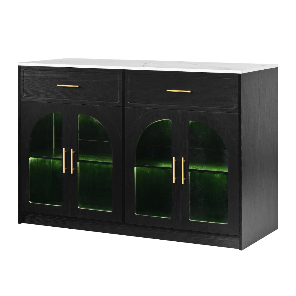Carrello da cucina con LED, 2 cassetti, ante trasparenti e ripiani regolabili, per cucina e sala da pranzo, nero