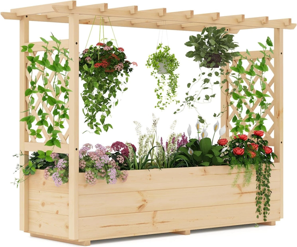 Fioriera da Esterno con Grigliato, Letto Rialzato in Legno di Pino per Piante Rampicanti con Traliccio e Fori di Drenaggio, Aiuola Elevata da Giadino e Cortile (148 x 50 x 103 cm)