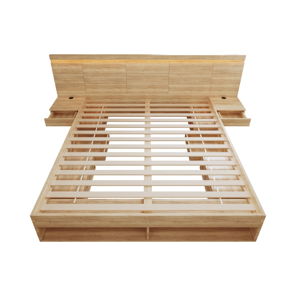 Letto matrimoniale 180 × 200 cm con contenitore, USB e Type-C, LED, 2 comodini integrati, senza materasso, MDF, naturale
