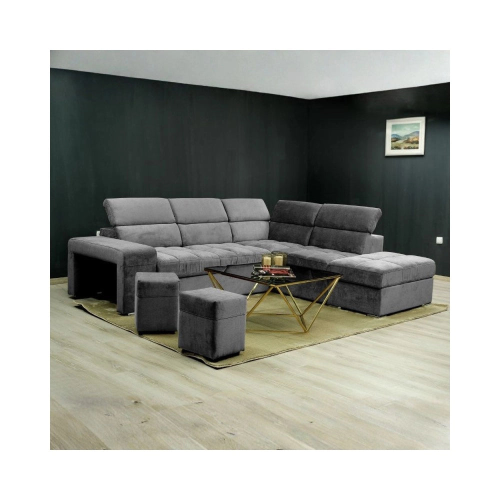 Divano angolare reversibile Positano grigio con poggiatesta regolabili, pouf e funzione letto