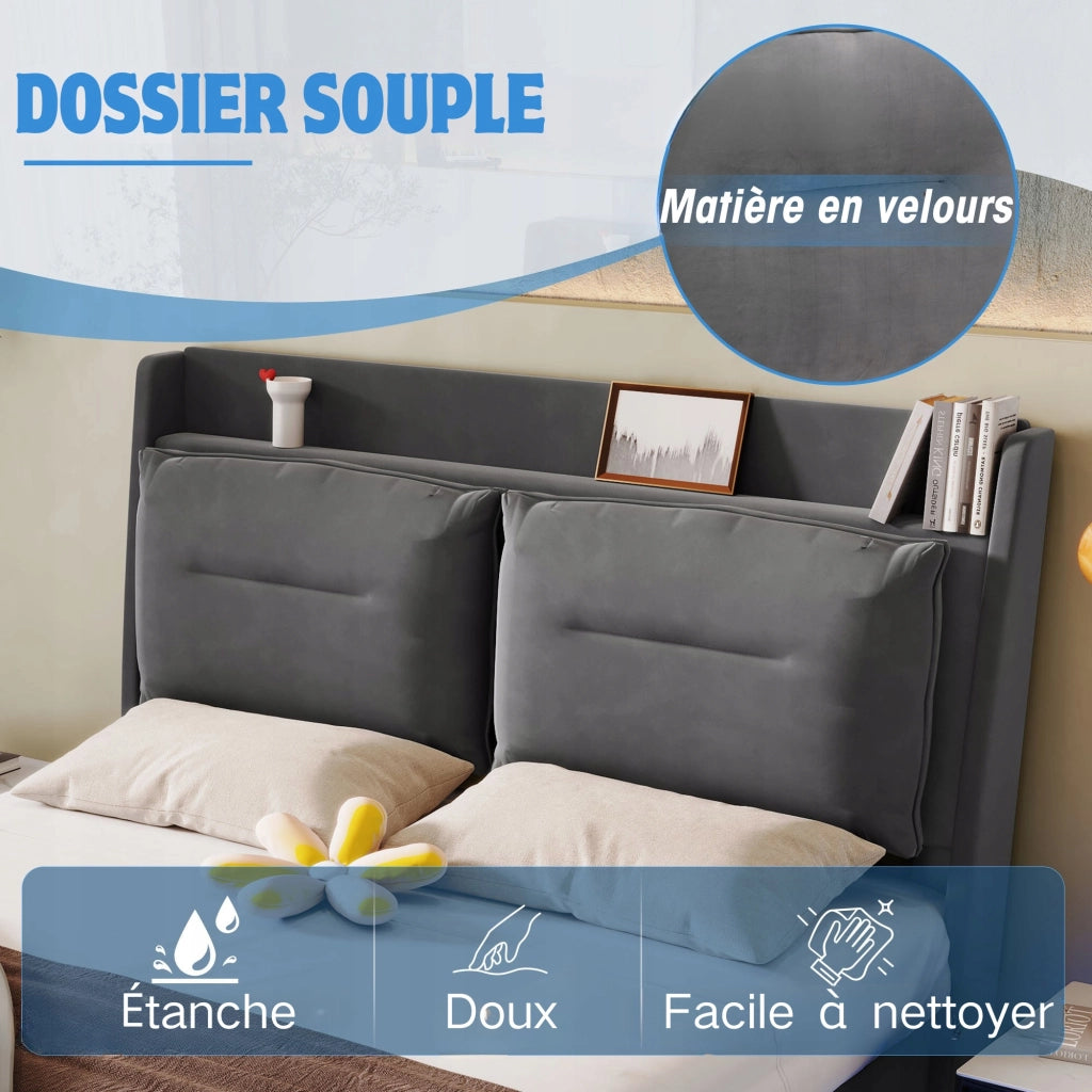 Letto 140x190cm con LED e cassetti - Xylo - Grigio velluto