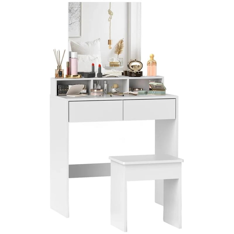 TAVOLO DA TRUCCO CON SPECCHIO 3 RIPIANI 2 CASSETTI E SGABELLO IN LEGNO 75X38X135 CM BIANCO