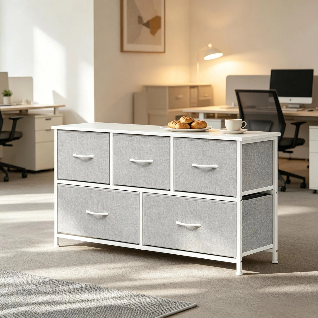 Cassettiera con 5 cassetti in tessuto e piano d'appoggio, per ingresso e soggiorno, 100 × 30 × 54 cm, grigio chiaro