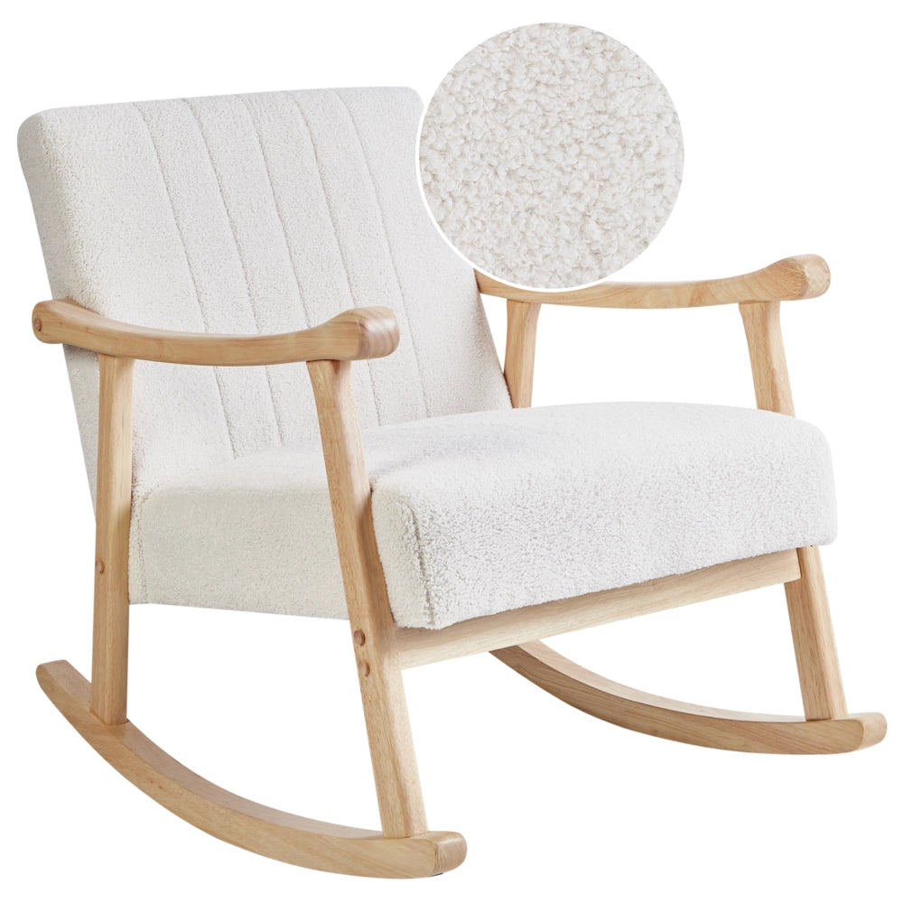 Poltrona a dondolo con rivestimento in bouclé bianco sporco gambe in legno di gomma e braccioli Soggiorno Cameretta