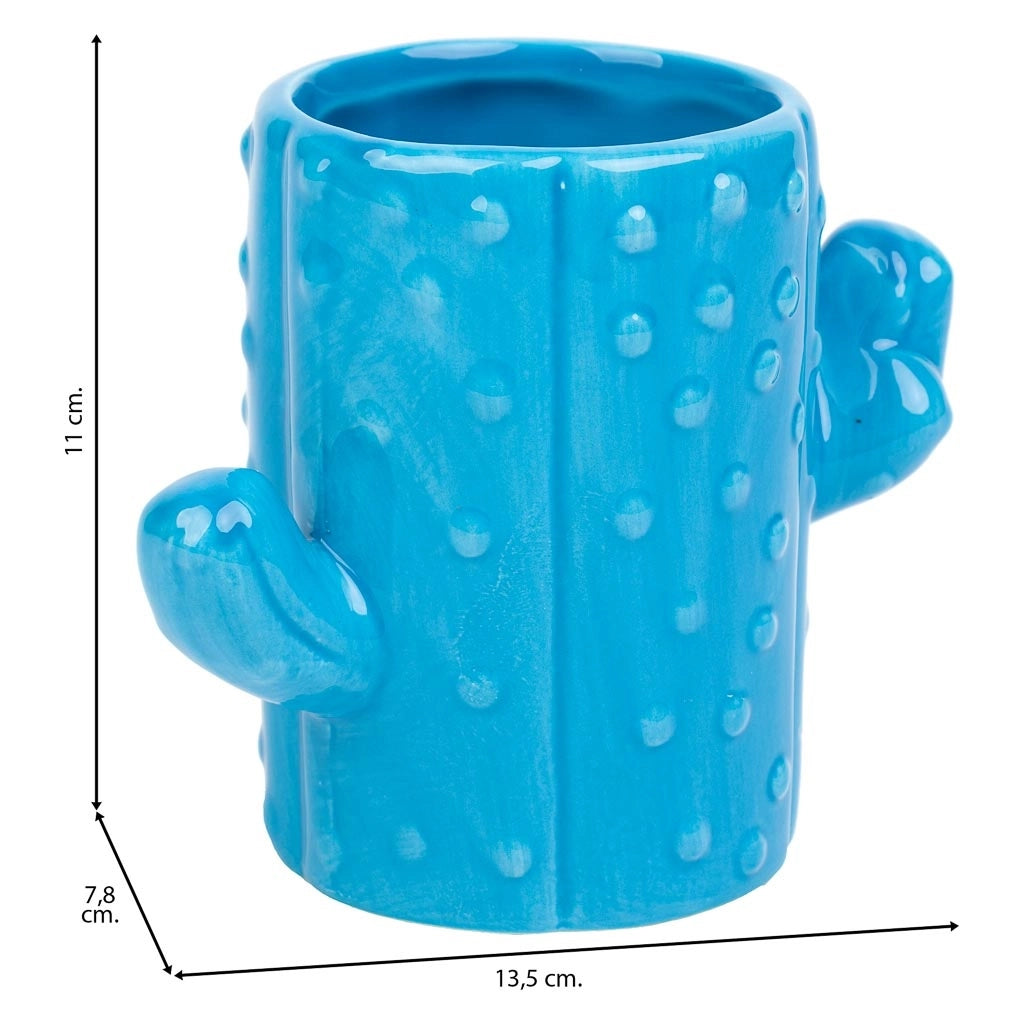 Portapenne cactus in ceramica blu 13,5x7,8x11h
