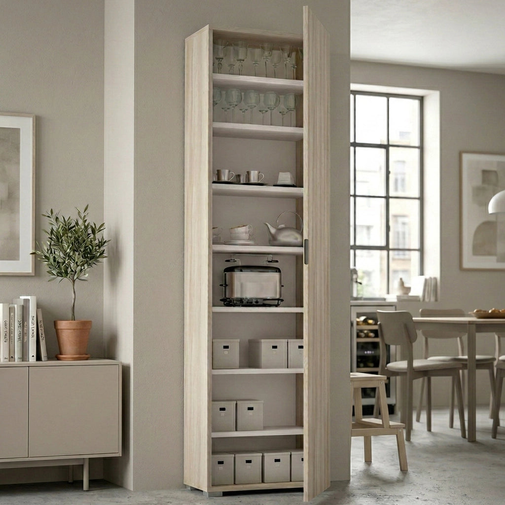 Abuela, Armadio Multiuso 1 Anta 7 Ripiani Made in Italy, 50x182h cm Marrone Rovere