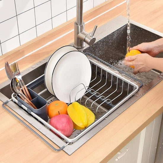Afdruiprek percolatore per cucina - estensibile con contenitore per coltelli rimovibile - installabile in vasca o su piano di lavoro - afdruiprek per cucina - afdruiprek per piano di lavoro con contenitore per coltelli rimovibile