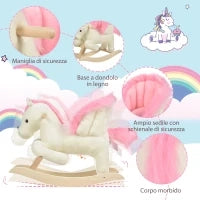 Cavallo a Dondolo Bianco e Rosa con Suoni e Struttura in Legno di Pioppo per Bambini 18-36 Mesi, 70x28x57cm