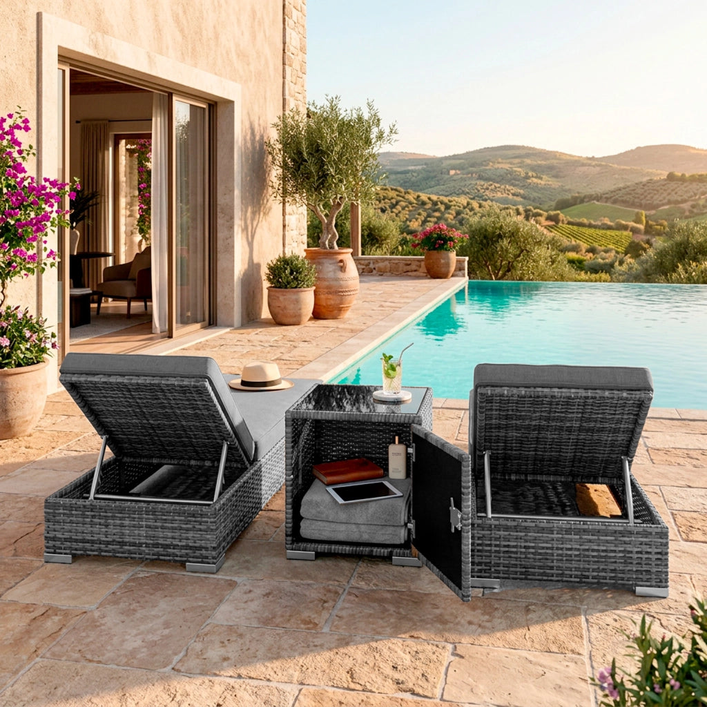 Set 2 Lettini Prendisole in Polyrattan con Tavolino Contenitore e Cuscini, Schienale Reclinabile 5 Posizioni, Arredo Giardino Piscina 184x60x21 Cm Grigio