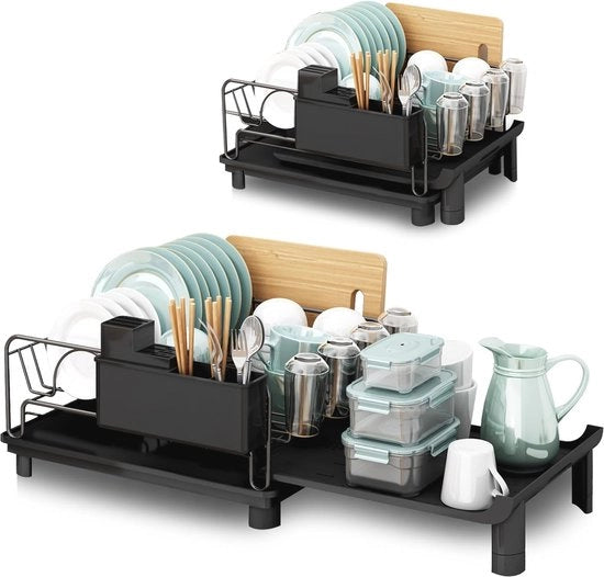 Afdruiprek a-expandibile con contenitore in metallo nero - afdruiprek con contenitore e cassetta di raccolta - grande capacità - afdruiprek per cucina con contenitore e cassetta di raccolta pieghevole
