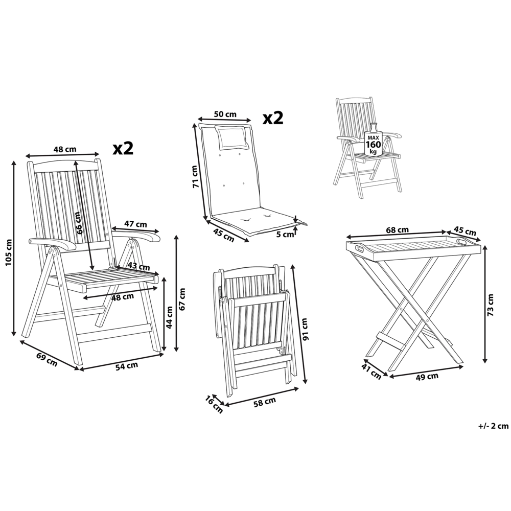 Set da giardino in stile rustico con tavolo in legno di acacia 2 sedie pieghevoli e cuscini blu