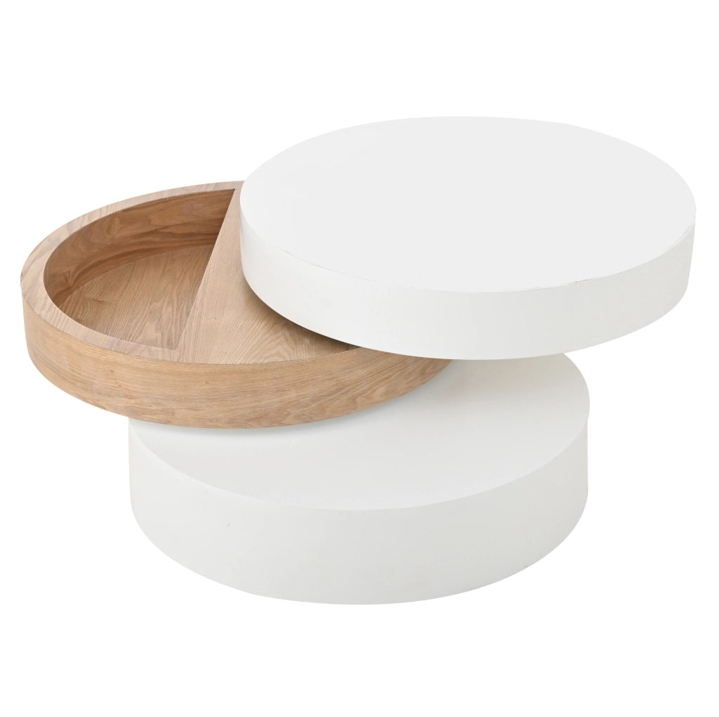 Tavolino da caffè 60 x 60 x 35;1 cm girevole 360° con vano contenitore in MDF bianco e naturale