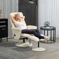 Poltrona massaggiante con poggiapiedi, Sedia ergonomica con 10 punti vibrazione, Ecopelle, 76 x 81 x 105 cm, Bianco crema