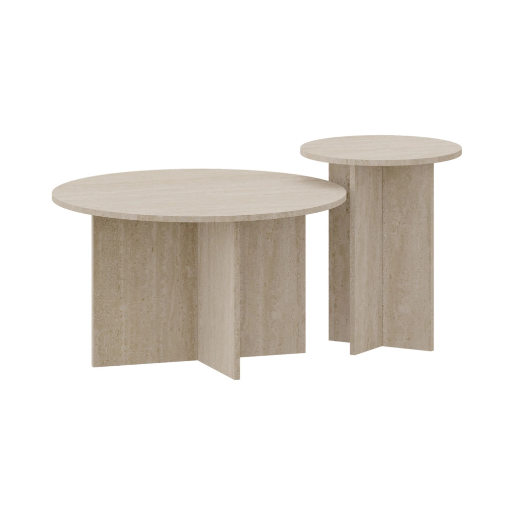 Set di 2 Tavolini Rotondi Verummetka con Basi Incrociate - color Avorio Travertin [en.casa]