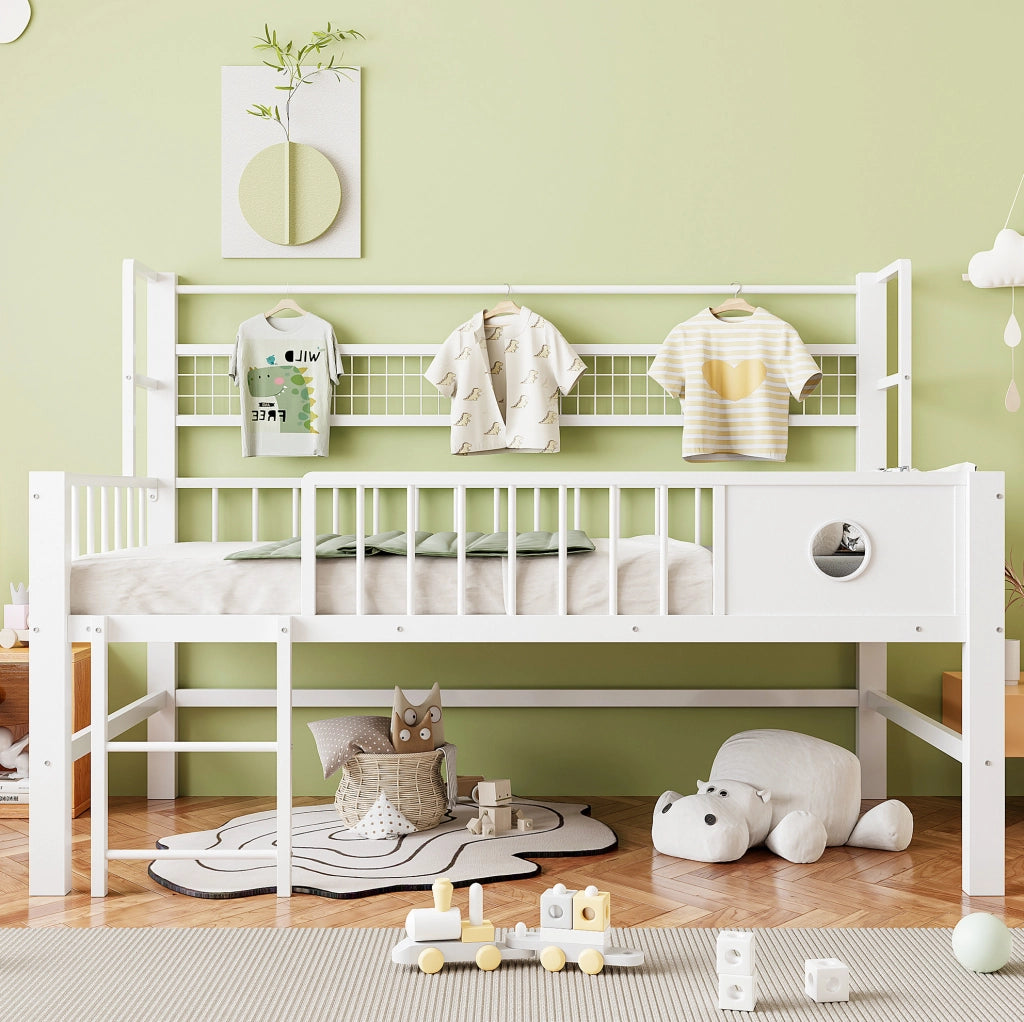 Letto a soppalco basso per bambini 90x200 cm in metallo e MDF; bianco