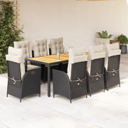 Set da Pranzo da Giardino 9 pz con Cuscini Nero in Polyrattan