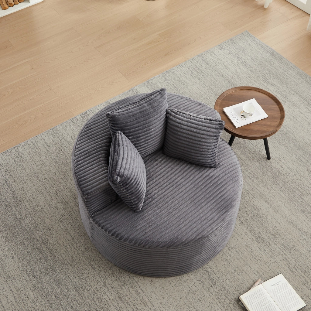 Poltrona lounge rotonda con braccioli larghi e 3 cuscini design minimalista in velluto a coste grigio 116 × 34 × 31 cm