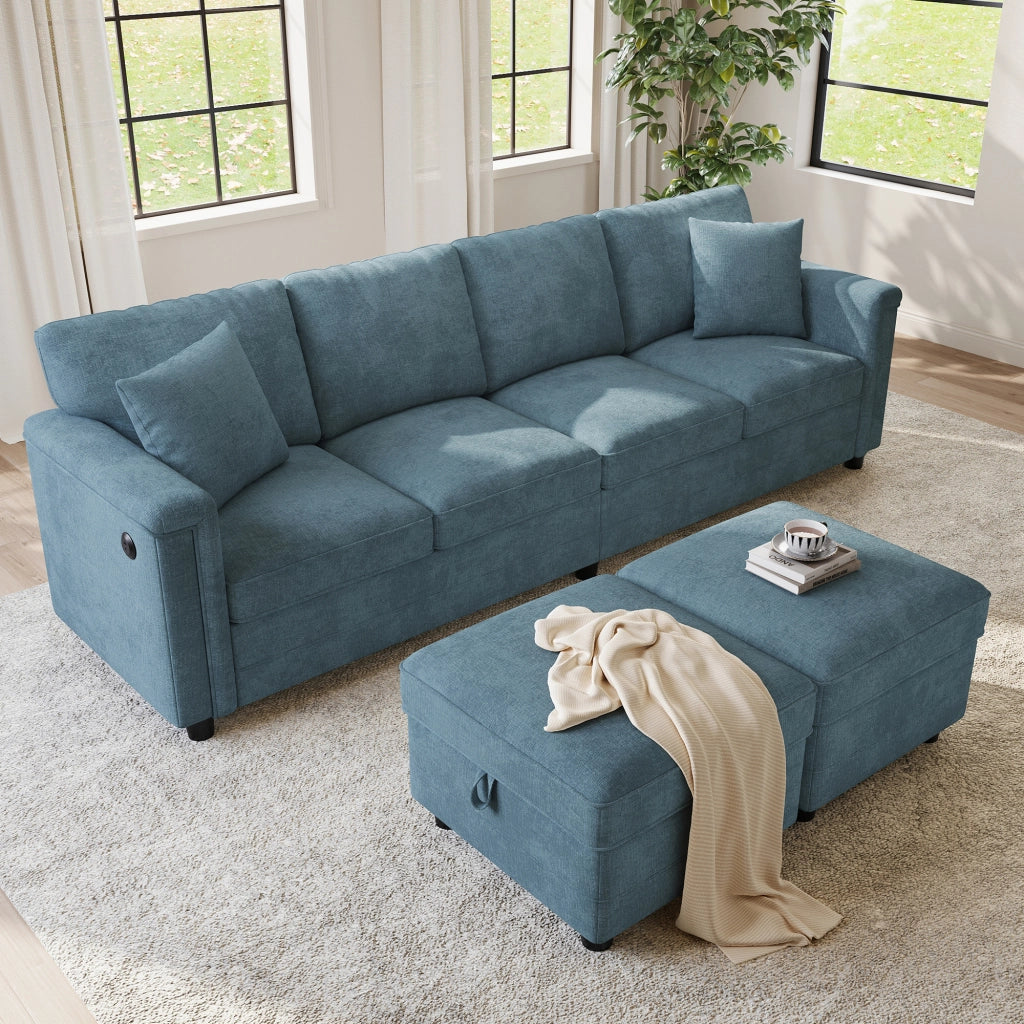 Divano modulare blu in ciniglia 261x134x82 cm con pouf contenitore; USB e Type-C