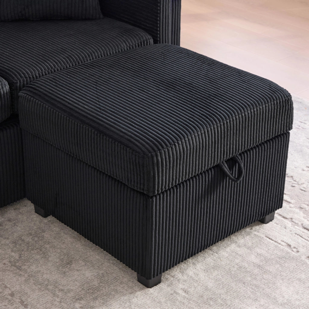 Divano 194x73x81 cm con LED; USB/TYPEC; tasche e cassetti; in velluto a coste nero
