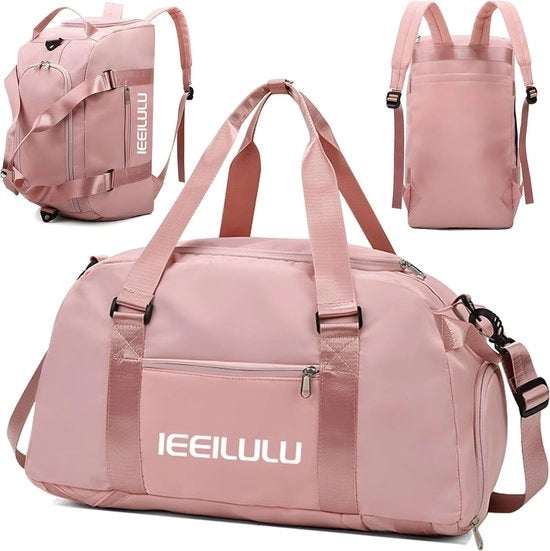 Sportbag per donna e uomo, 45 litri, grande sportbag con tasca per scarpe, tasca umida e funzione zaino, sportbag impermeabile, bag per palestra, bag per allenamento, rosa