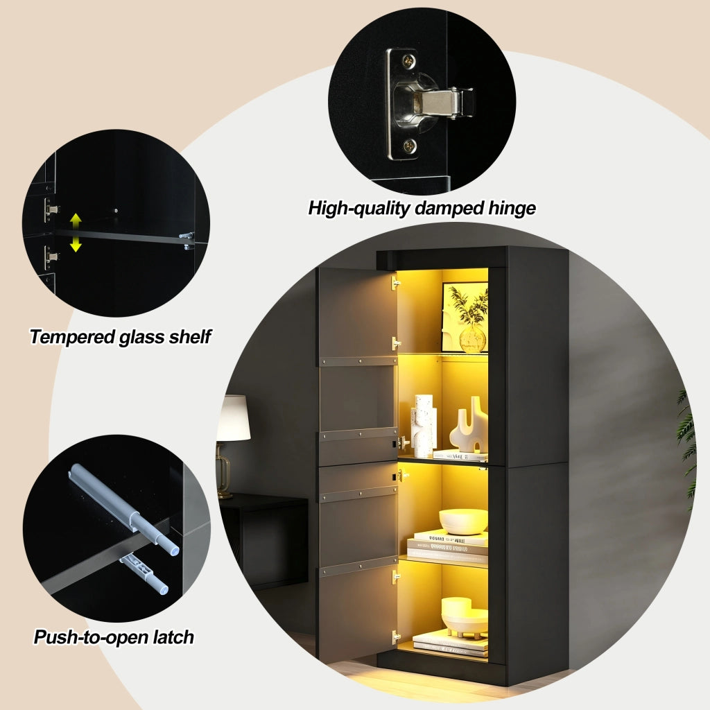 Vetrina con LED e 2 ante, 3 ripiani regolabili e 4 vani, per soggiorno e sala da pranzo, nero, 61 × 42 × 162 cm