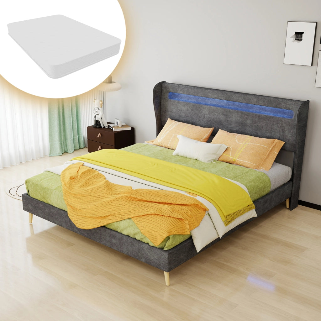 Letto matrimoniale con testiera regolabile e LED multicolore; 160 x 200 cm; grigio