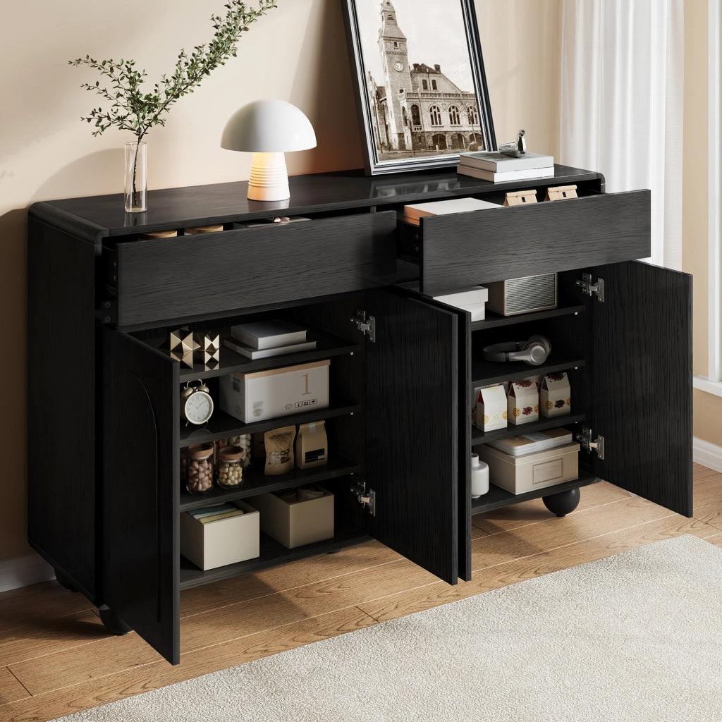 Credenza 140x38x89 cm nera in MDF e pannello truciolare, 2 cassetti e 4 ante