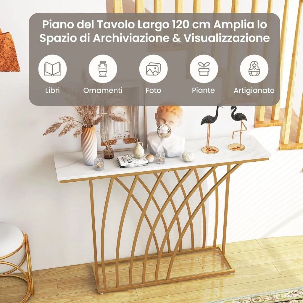 Tavolo Consolle, Tavolo da Ingresso Moderno con Piano Effetto Marmo Bianco, Base Geometrica, Tavolo Lungo e Stretto da Divano per Soggiorno e Ingresso