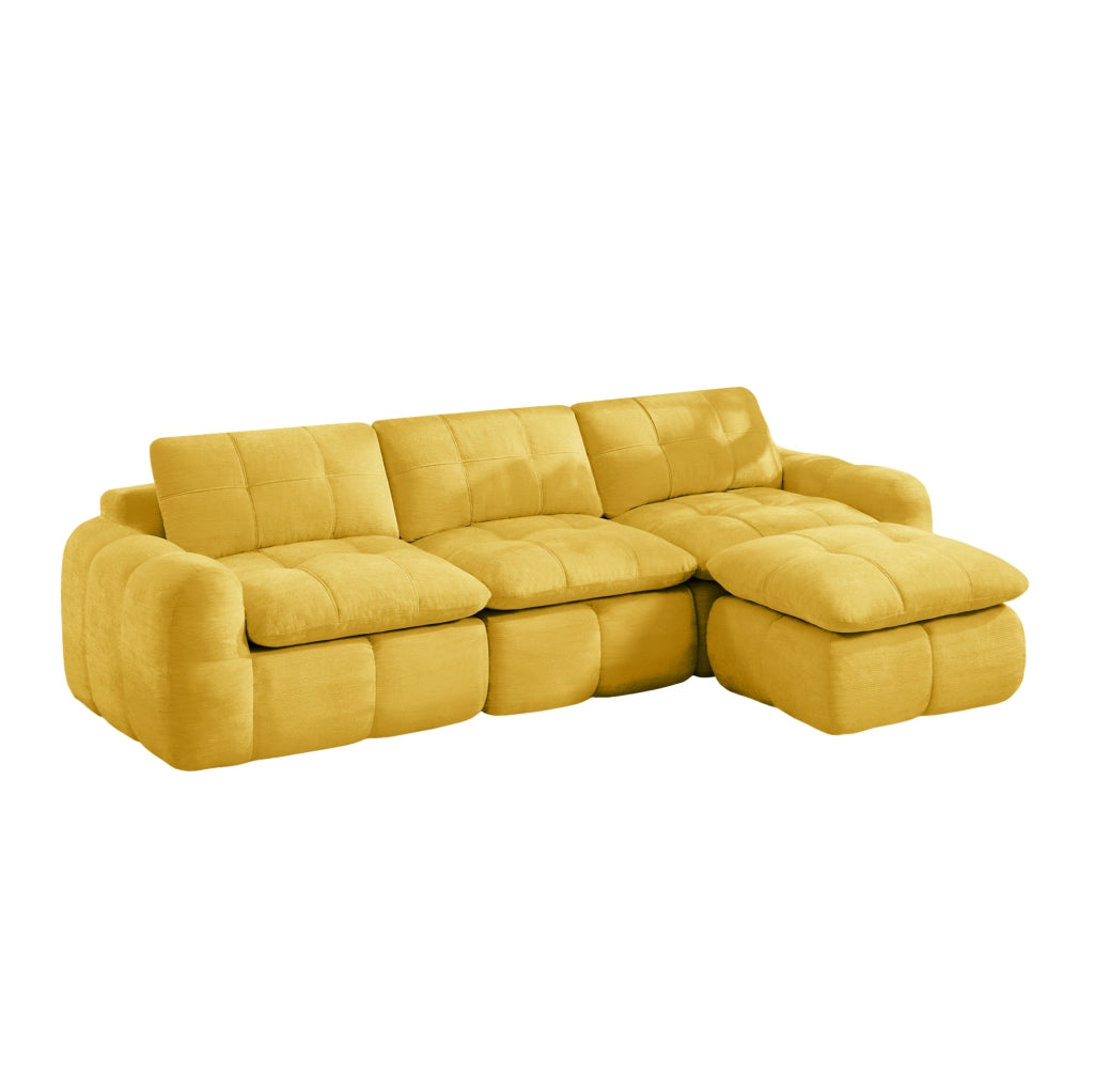 Divano modulare angolare a 3 posti con pouf 264x160x68 cm in chenille gialla