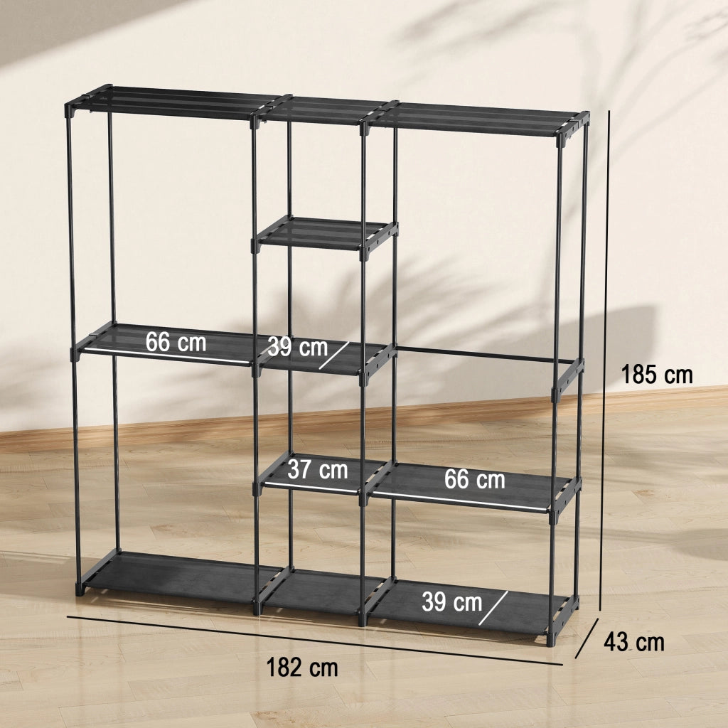 Armadio Guardaroba in Tessuto con 8 Ripiani e 3 Aste per Appendere, 182x43x185 cm, Nero