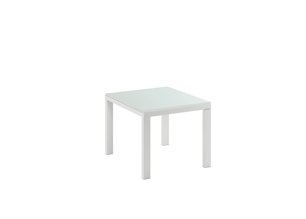 Tavolo Allungabile Banner 90x90/163,5 cm in Vetro Temperato Acidato e Metallo Verniciato Bianco - Design Elegante Minimalista