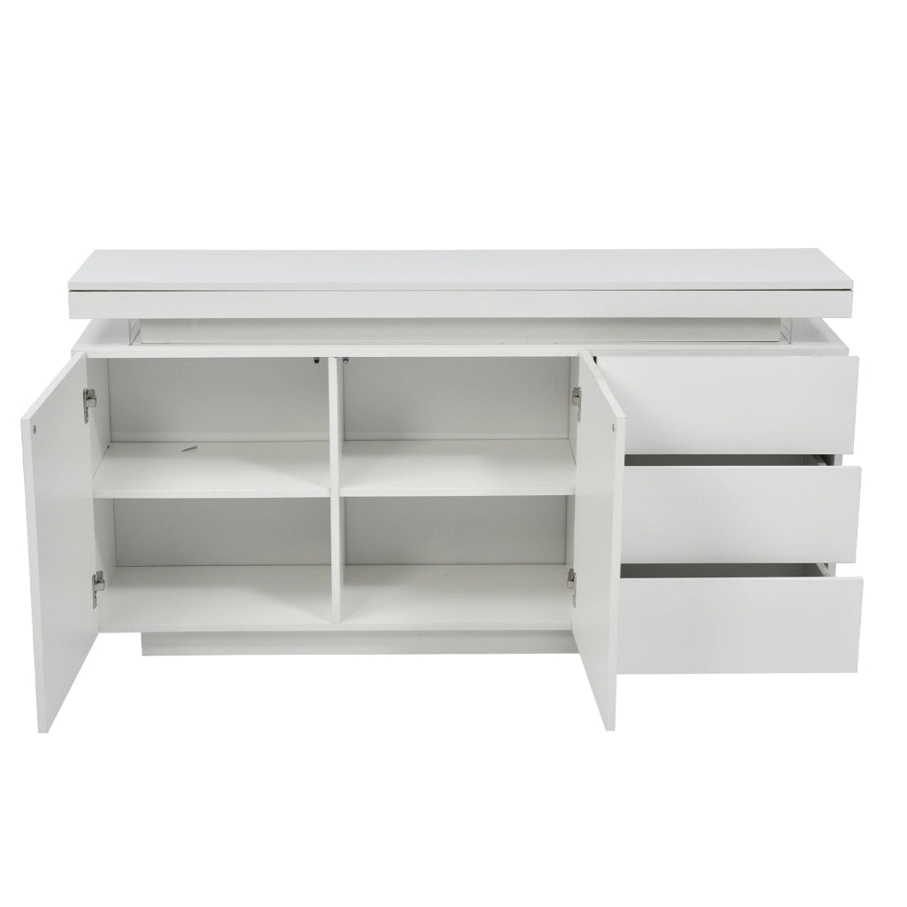 Credenza con 2 ante; 3 cassetti e LED; per soggiorno; 140x35x72.5 cm; bianco