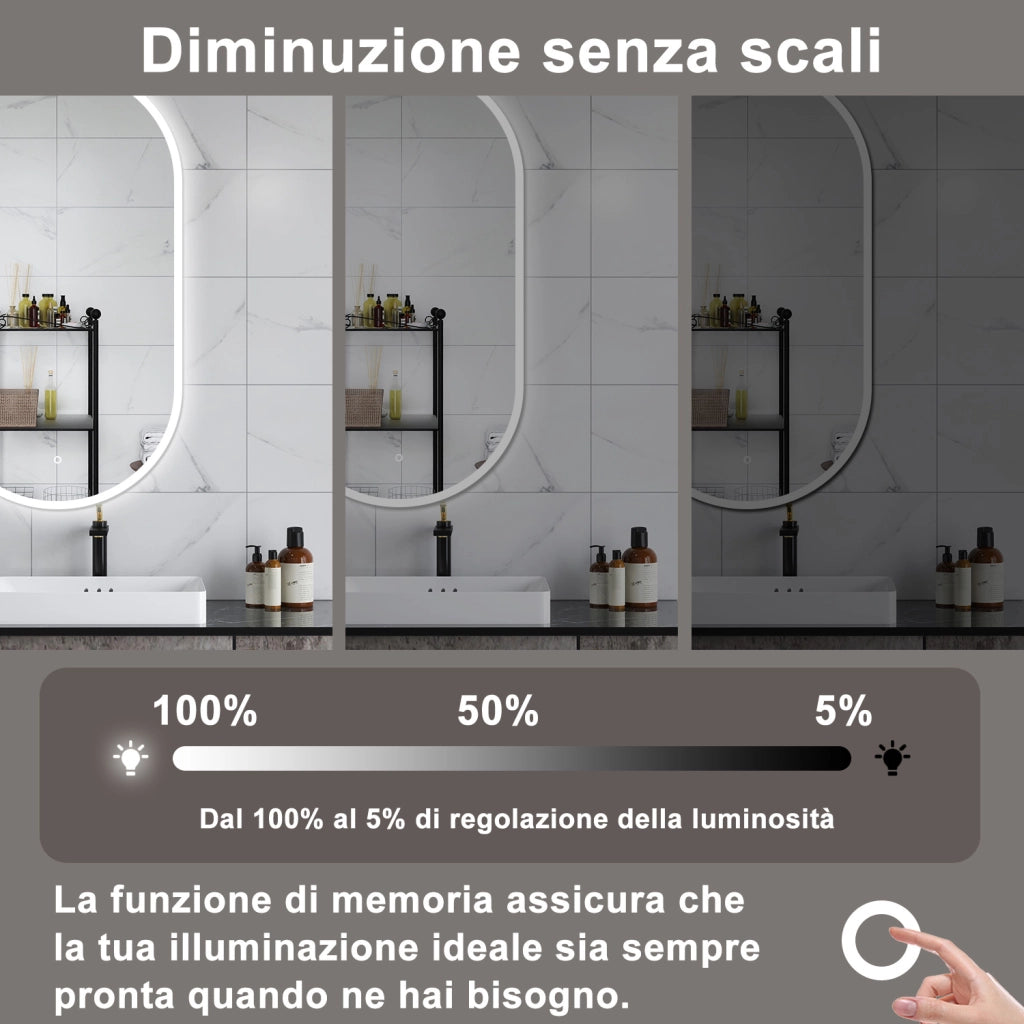AICA Specchio da bagno 50 x 90 cm, dimmerabile，interruttore touch， Funzione Memoria, antiappannamento