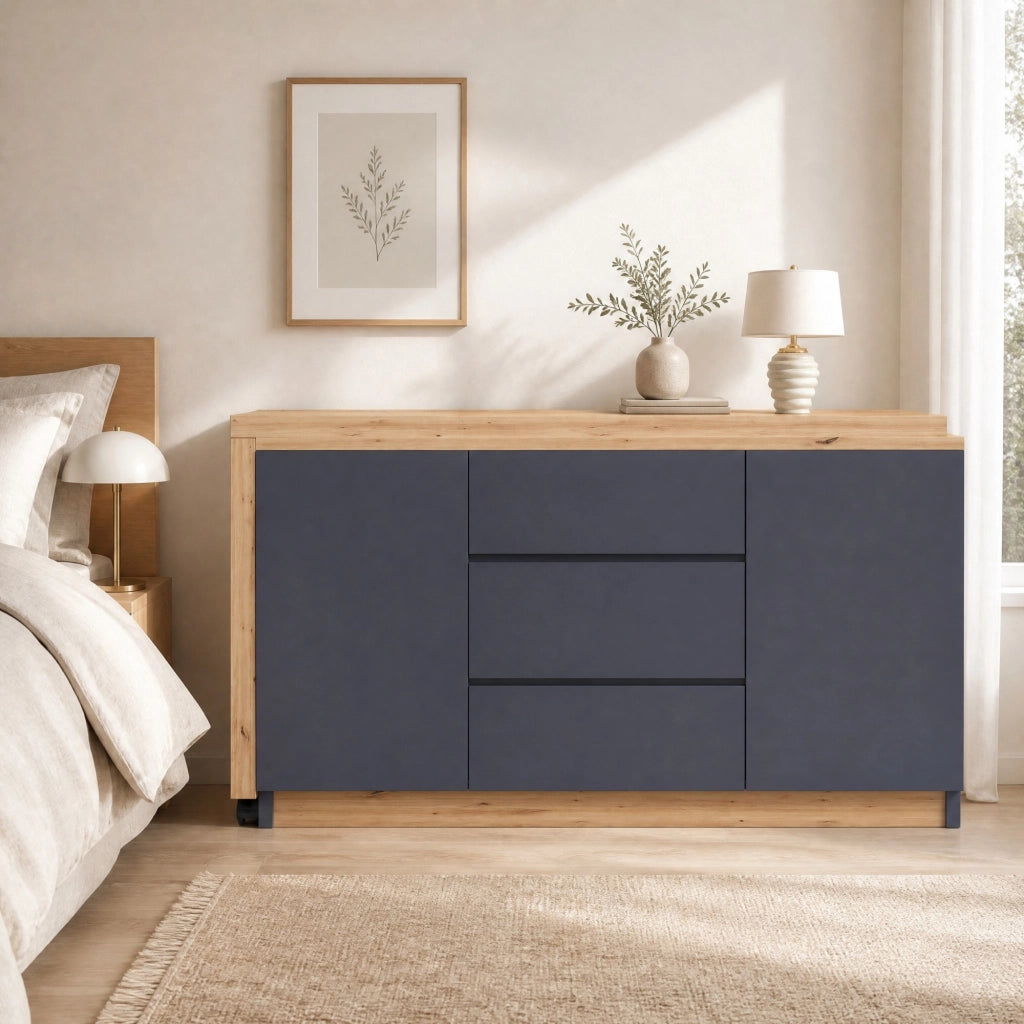 Scrivania lineare girevole e pieghevole con 2 ante e 3 cassetti in pannello truciolare grigio e quercia 120 × 50 × 76,5 cm