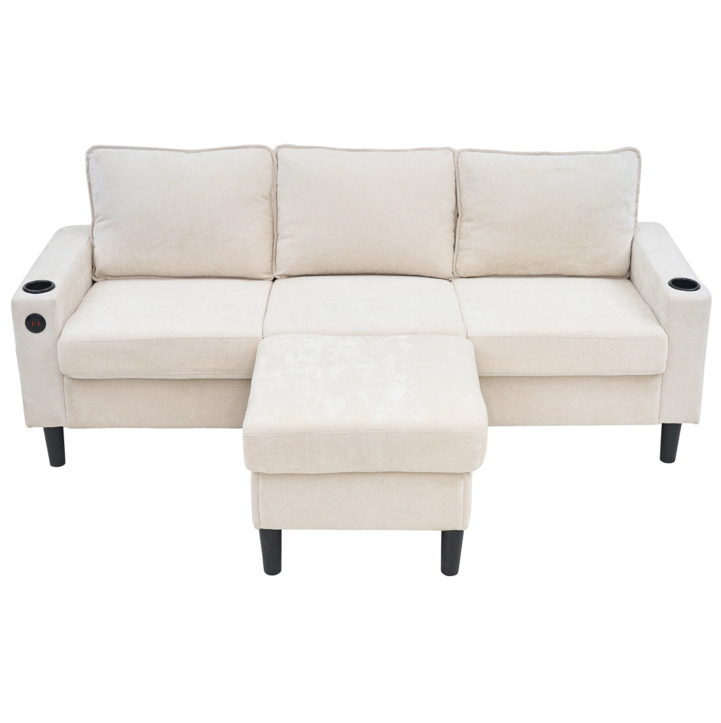 Divano angolare ULEVR 202x137x80 cm beige con pouf, USB, Type-C e porta bevande