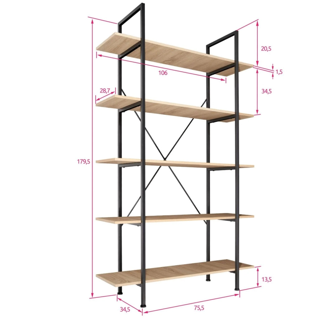 Libreria grande in stile industriale/vintage con 5 ripiani 179,5 cm beige 08_0000255