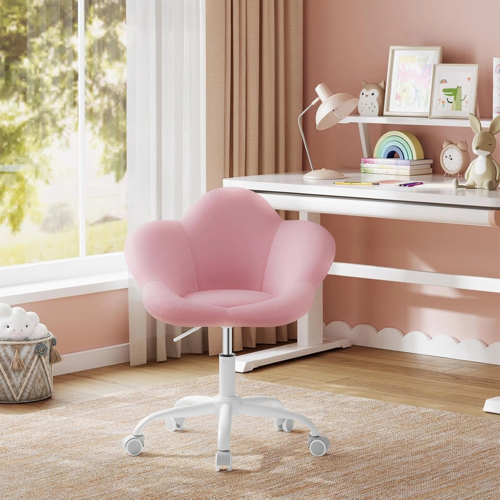 Sedia da Scrivania per Bambini, Sedia Ufficio Ergonomica Girevole e Regolabile in Altezza con Rotelle, Seduta a Forma di Fiore per Studio, Camera da Letto, Velluto, Rosa Pastello