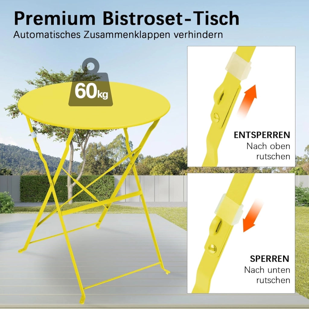 Set da Bistrot Pieghevole 3 Pezzi, Tavolo da Giardino Bistrot in Metallo, 1 Tavolo e 2 Sedie per Piccoli Balconi, Resistente alle Intemperie, per Balcone, Giardino e Terrazzo, Giallo