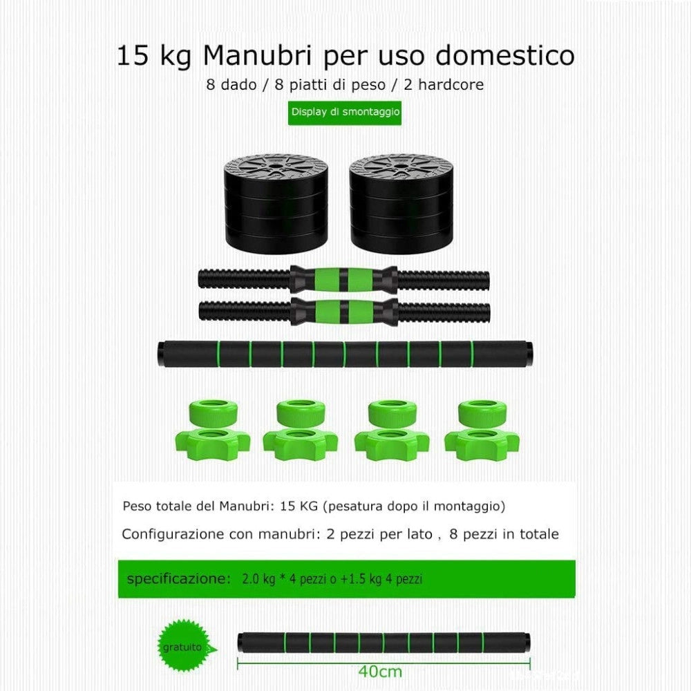 Trade Shop - Kit 2in1 Bilanciere + Manubri Con Pesi Regolabili Componibili Palestra Tot 15 Kg -
