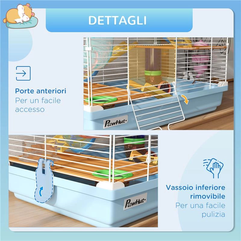 GABBIA PER CRICETI A 5 LIVELLI CON TUBI, RUOTA, SCALE, CASETTA E BOTTIGLIA, IN METALLO, PP E PS, 46X30X58 CM
