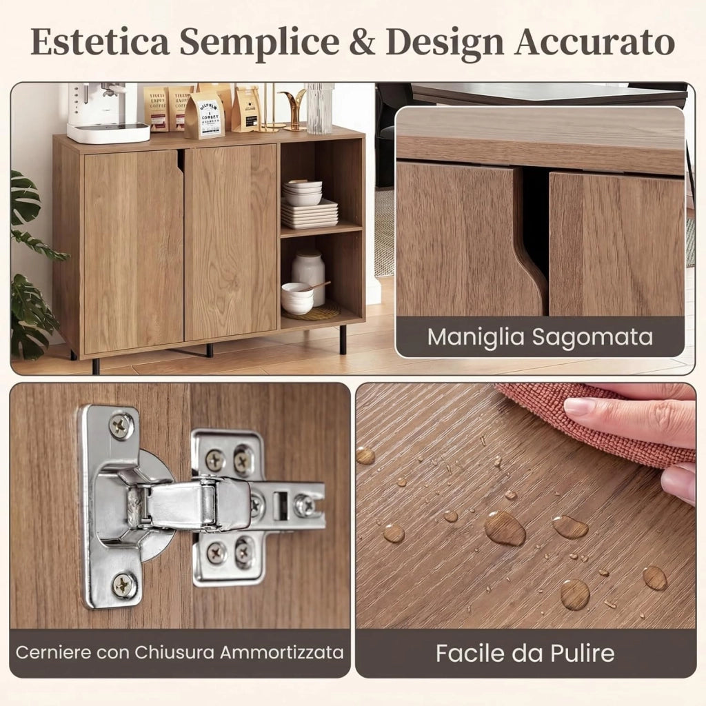 Credenza Cucina e Buffet in Legno, Mobile Dispensa con 2 Ante, 2 Scomparti Aperti a Ripiani Regolabili e Gambe in Metallo, per Sala da Pranzo, 106 x 38 x 80 cm (Nero) (Naturale)