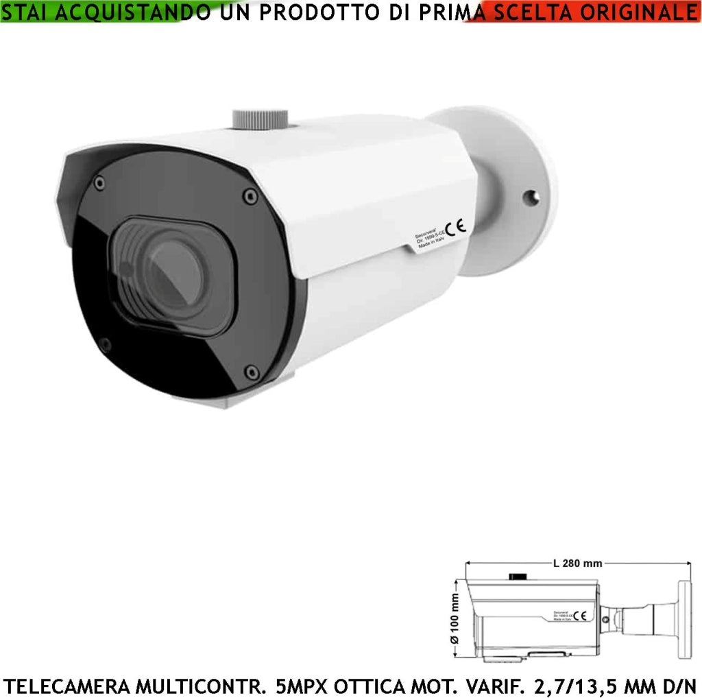 Telecamera Esterna 5MPX Multicontrollo Ottica Varifocale 2,7~13,5 mm Day/Night Illuminatore Notturno 40 MT Auto Shutter Luce Minima 0,2 Lux per Immagine a Colori 42 LED IR Attivazione Automatica IP67