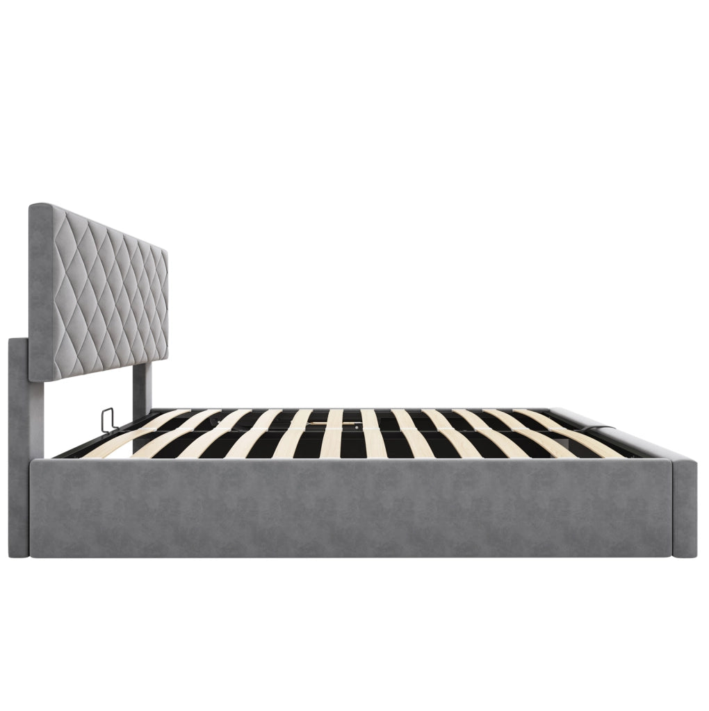 Letto imbottito grigio 140x200 cm con contenitore idraulico