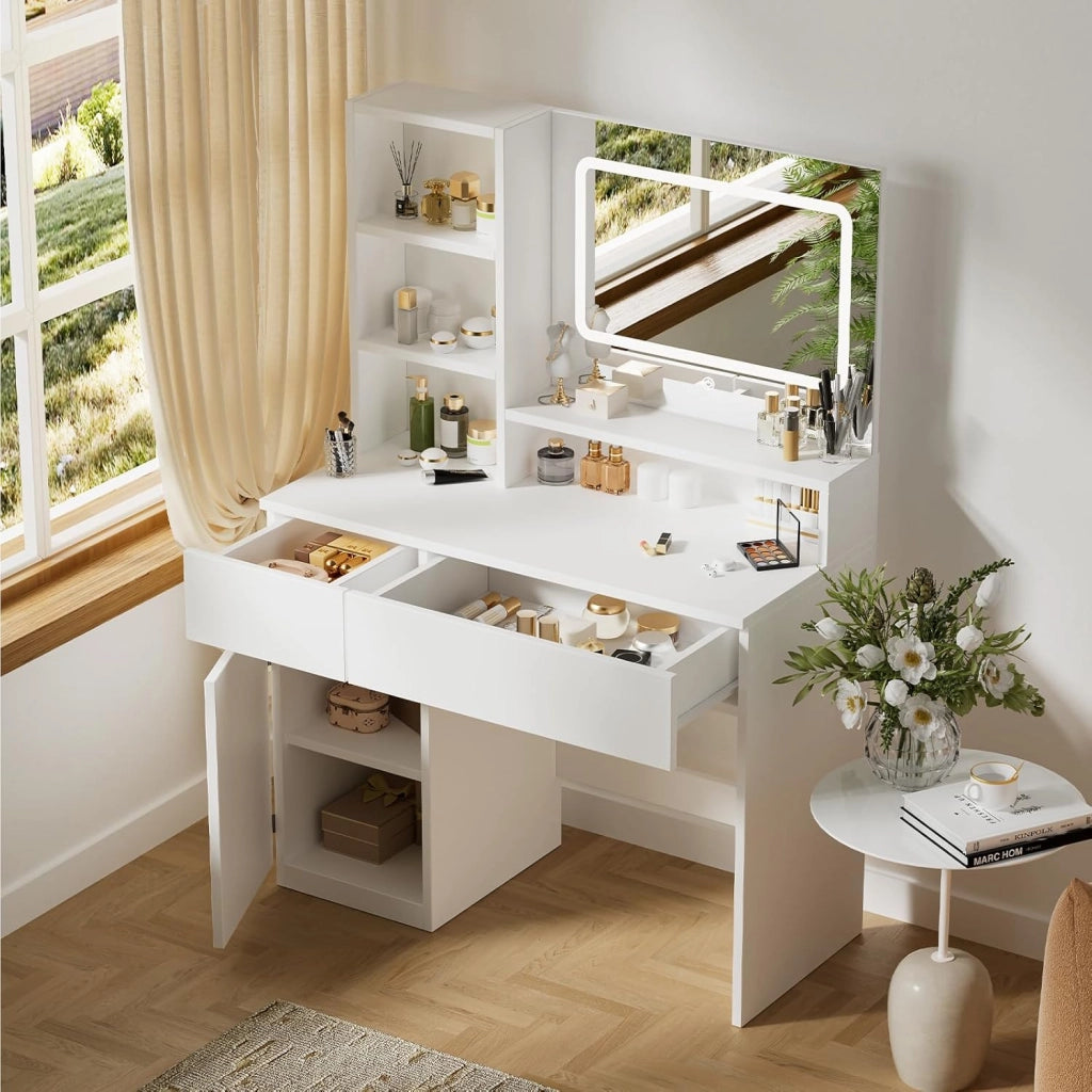 Toeletta Trucco con Specchio, Luci LED Regolabili, Ripiani Regolabili con 2 Cassetti，Postazione Trucco,Tavolo da Toilette Moderno in Legno Bianco