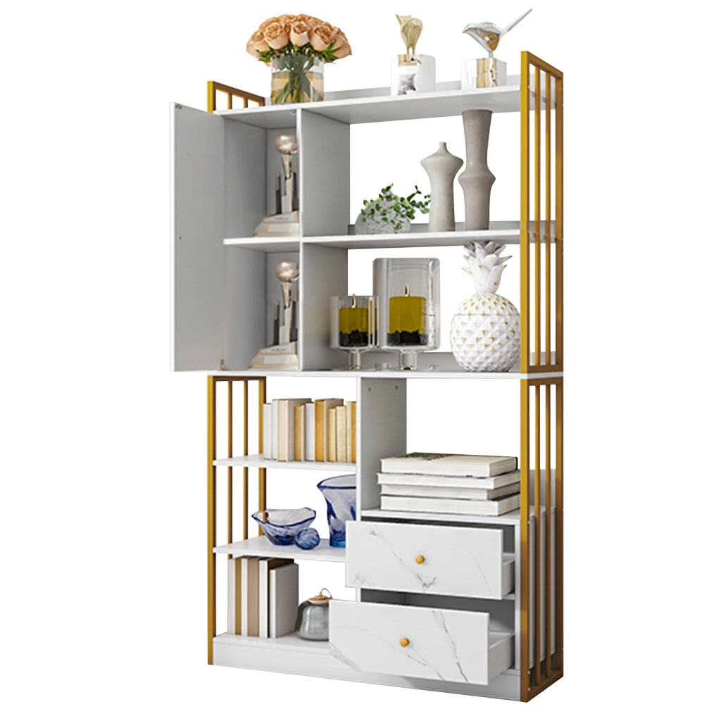 Libreria con ripiani aperti; cassetti e armadietti 100 x 30 x 173;5 cm; bianca e oro